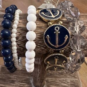 Nautical Anchor Navy White Acrylic Stretchy Bracelet Set